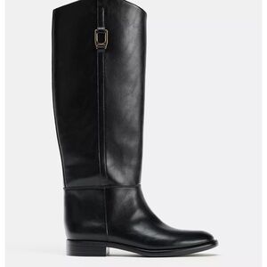 Zara Black Knee-High Leather Riding Boots with Gold Buckle